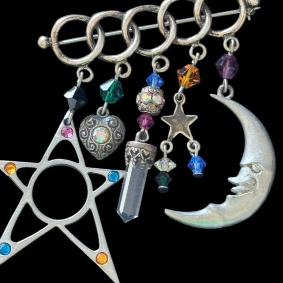 Vintage 90’s Silver Moon And Star Brooch Signed - Picture 2 of 9